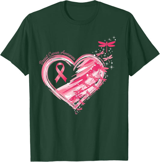 Breast Cancer Heart Dragonflies Awareness Women Kids Men T-Shirt - T-Shirt | Forest