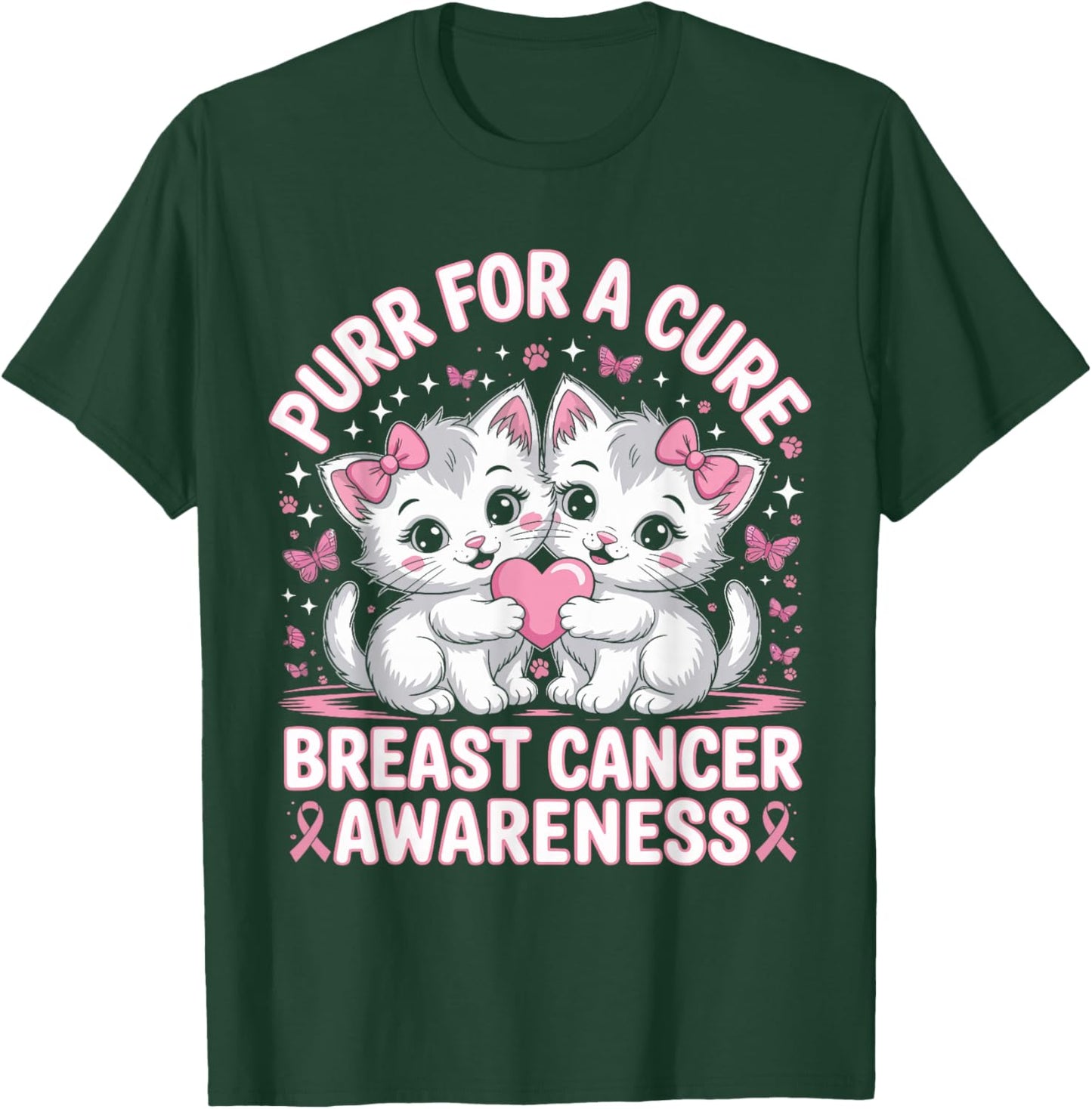 Purr for A Cure – Cute Cat Breast Cancer Awareness Support T-Shirt - T-Shirt | Forest