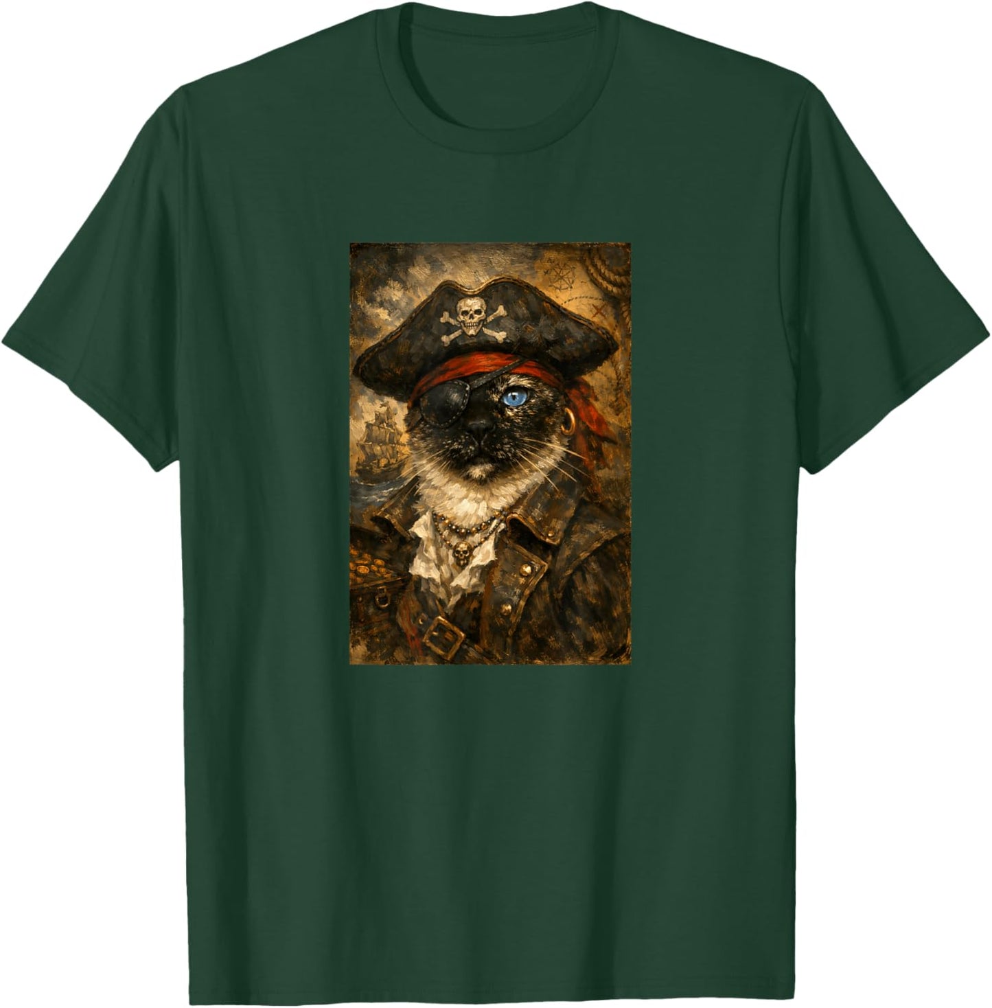 Funny Pirate Cat Vintage Oil Painting Portrait Eye Patch T-Shirt - T-Shirt | Forest