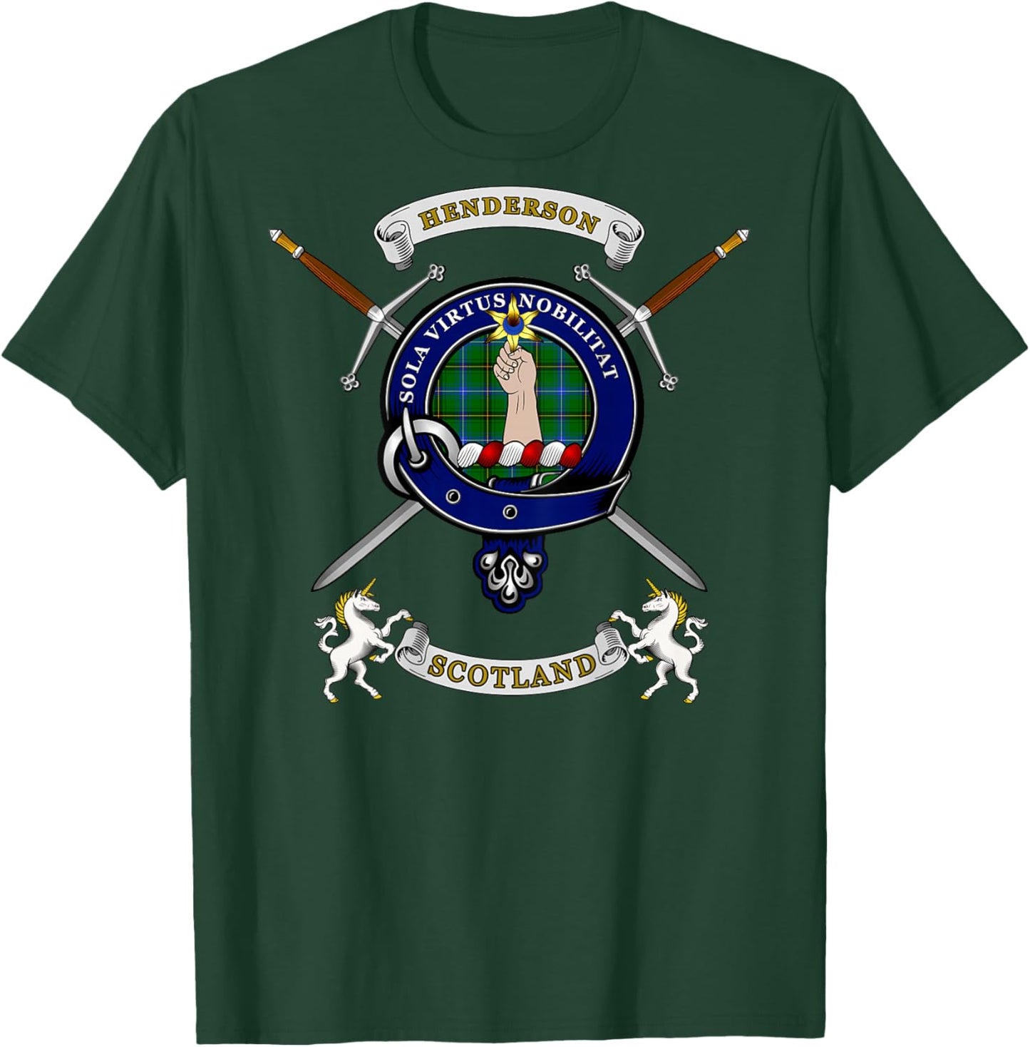 Henderson Scottish Clan Badge Tartan & Swords (Back) T-Shirt - T-Shirt | Forest