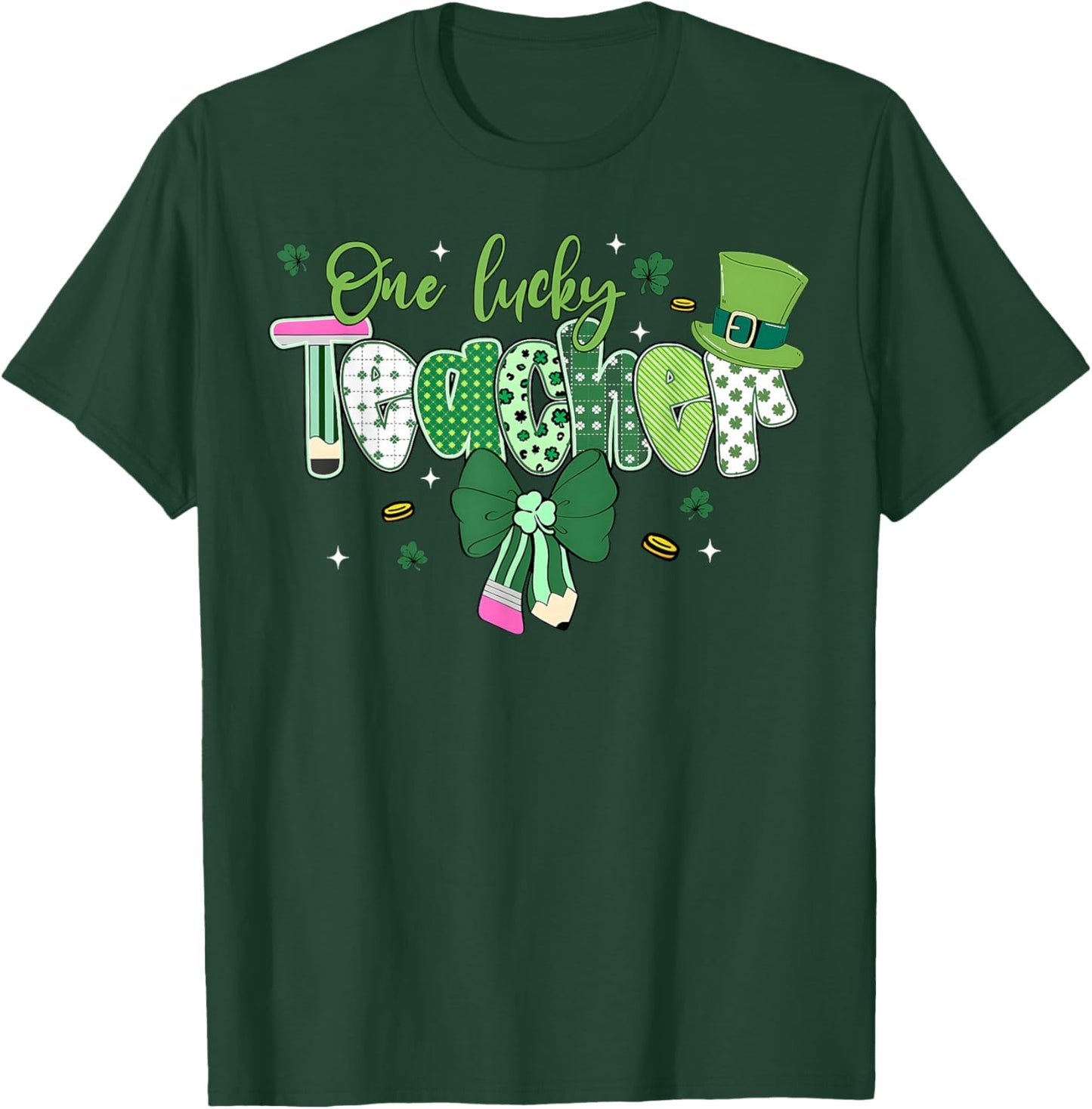 Saint Pattys St Patrick Day Shamrock One Lucky Teacher Retro T-Shirt - T-Shirt | Forest