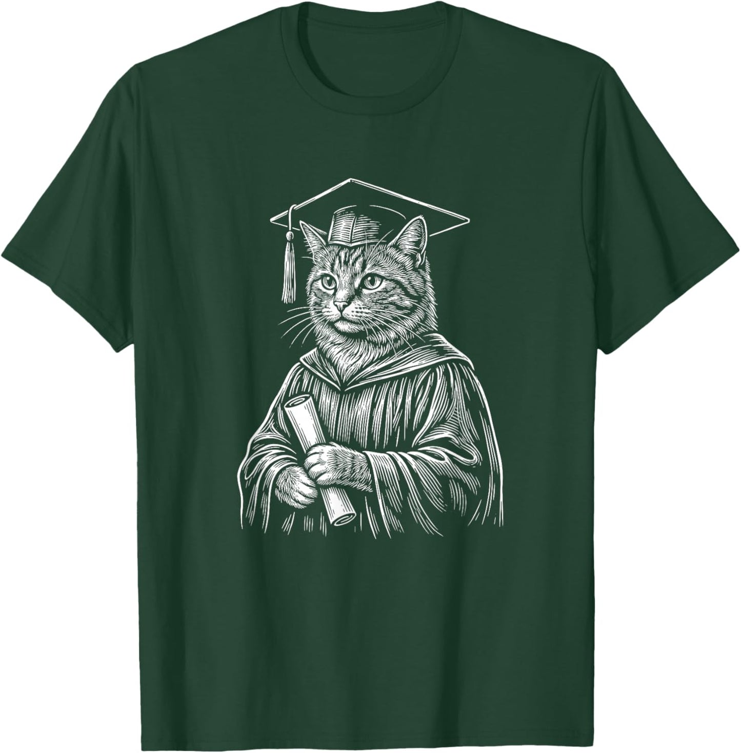 Cat Wearing Graduation Cap Gown with Diploma Funny T-Shirt - T-Shirt | Forest