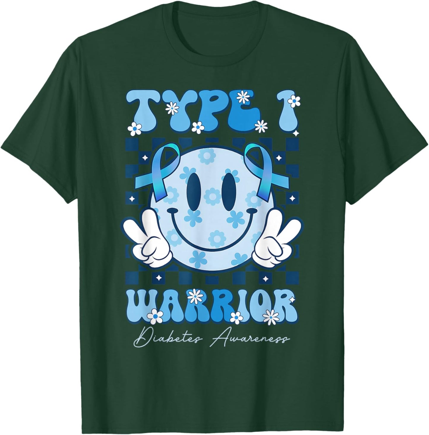 T1D Warrior Type 1 Diabetes Awareness Blue Ribbon Cute Face T-Shirt - T-Shirt | Forest
