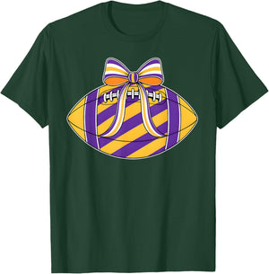 Purple Yellow Football Coquette Bow Game Day Football Mom T-Shirt - T-Shirt | Forest