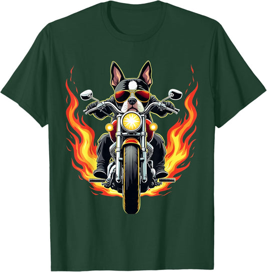Boston Terrier Dog Riding a Motorcycle Funny Boston Terrier T-Shirt - T-Shirt | Forest