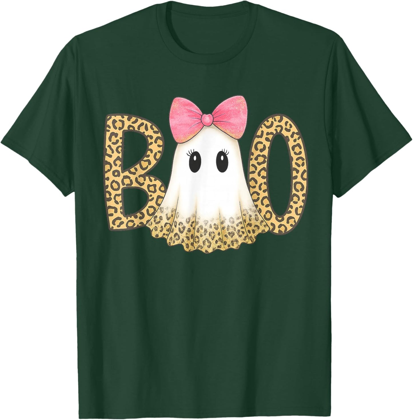 Cute Leopard Print Boo Ghost with Pink Bow Halloween T-Shirt - T-Shirt | Forest
