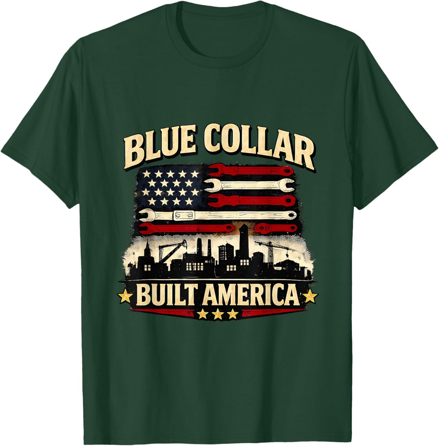 Blue Collar Built America Vintage Tools and Flag Art T-Shirt - T-Shirt | Forest