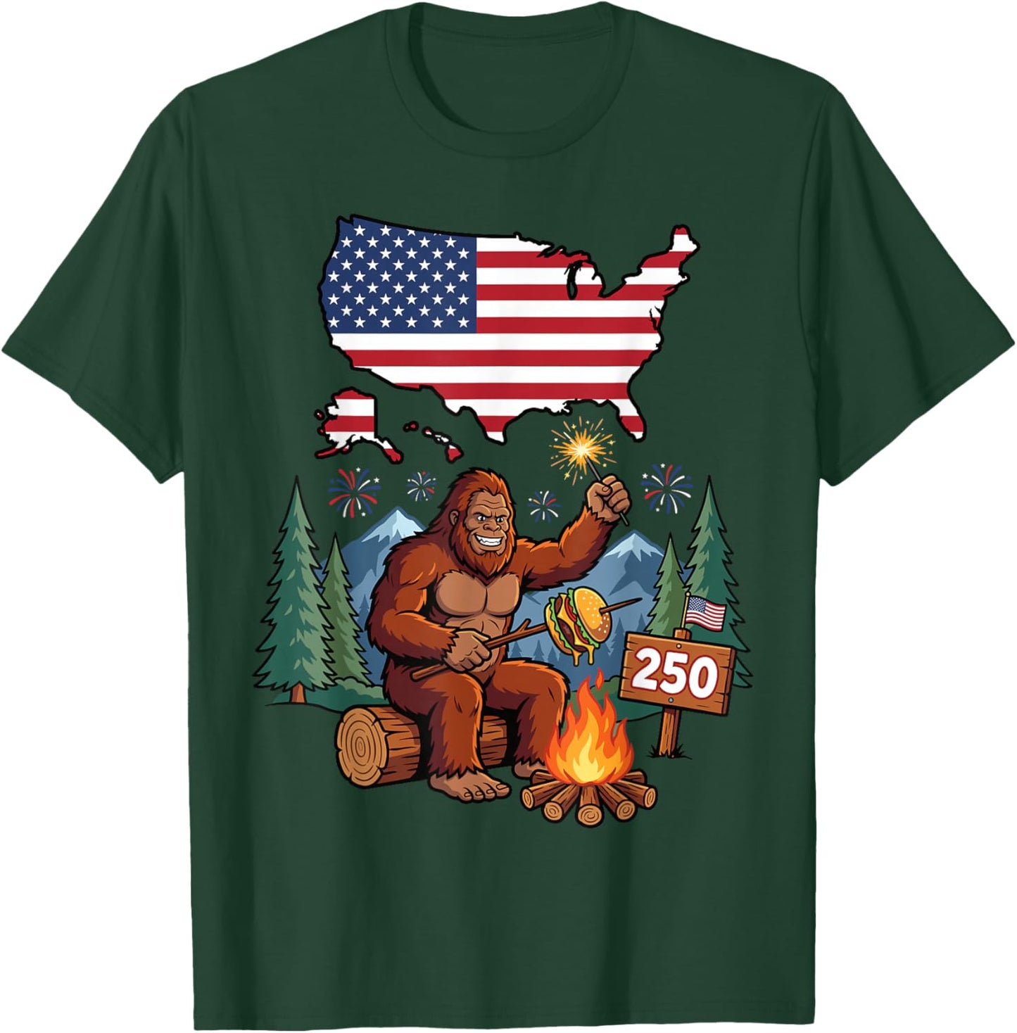 Bigfoot Campfire USA 1776 2026 Patriotic Sasquatch T-Shirt - T-Shirt | Forest