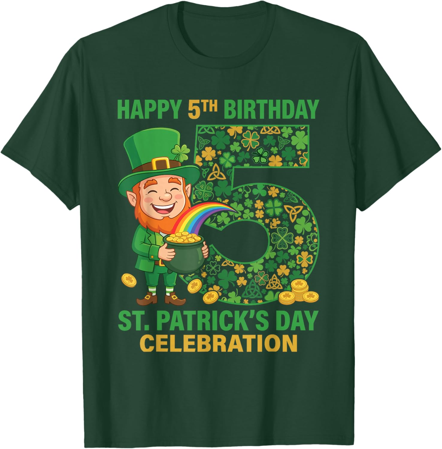 5th Birthday St Patricks Day Shirt Lucky 5 Year Old Boy Girl T-Shirt - T-Shirt | Forest