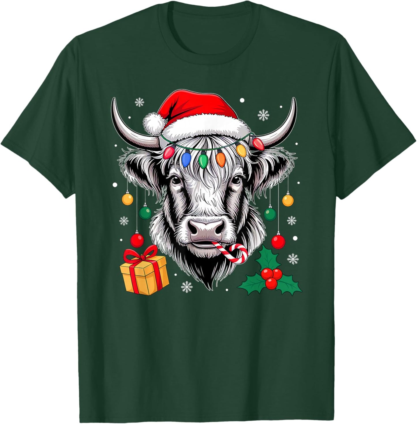 Cow Christmas Lights Santa Hat Family Matching Xmas Pajamas T-Shirt - T-Shirt | Forest