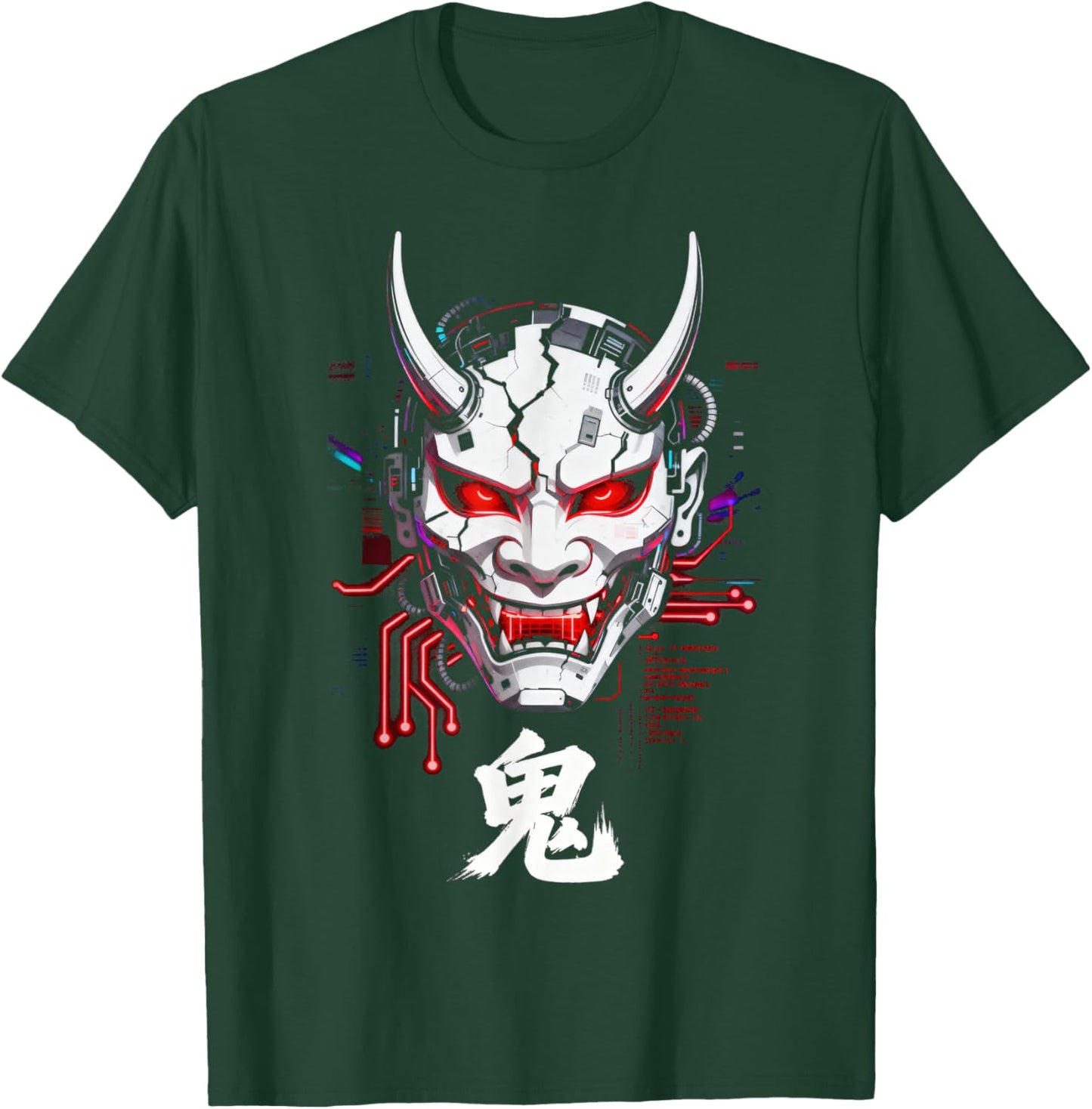 Cyberpunk Oni Mask Glitch Japanese Kanji Sci-Fi T-Shirt - T-Shirt | Forest