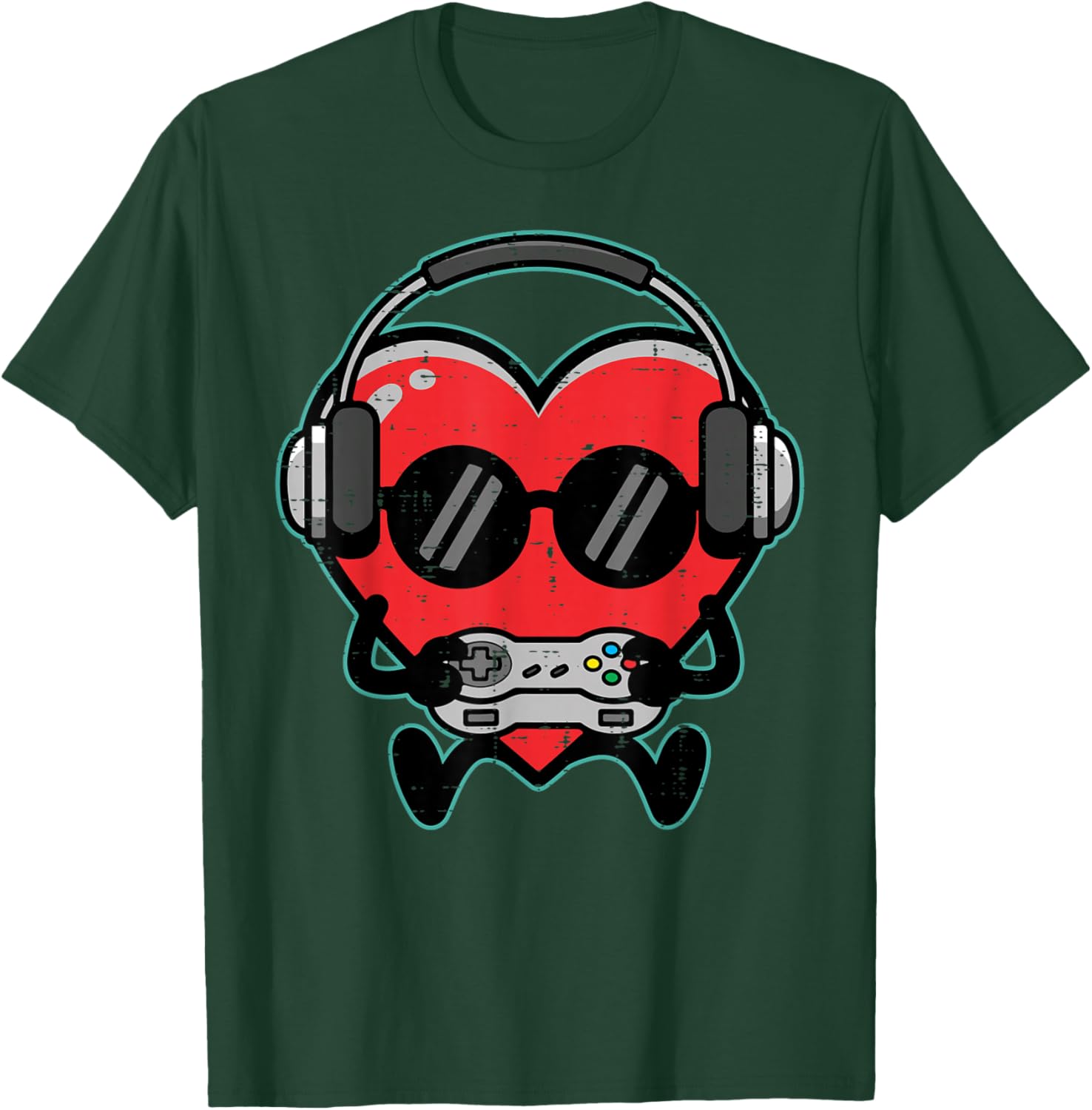 Valentines Day Gamer Heart Headphones Gaming Boys Kids Men T-Shirt - T-Shirt | Forest