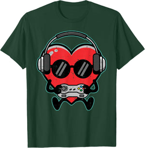 Valentines Day Gamer Heart Headphones Gaming Boys Kids Men T-Shirt - T-Shirt | Forest