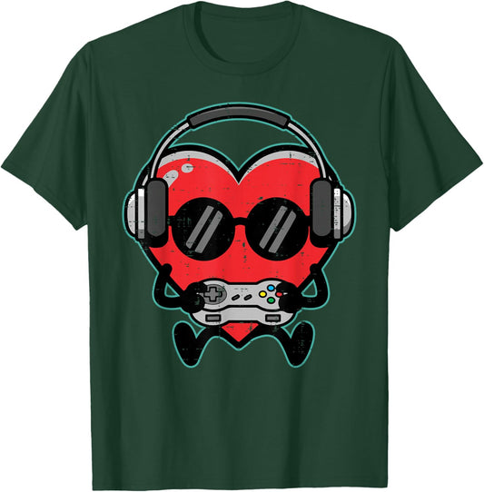 Valentines Day Gamer Heart Headphones Gaming Boys Kids Men T-Shirt - T-Shirt | Forest
