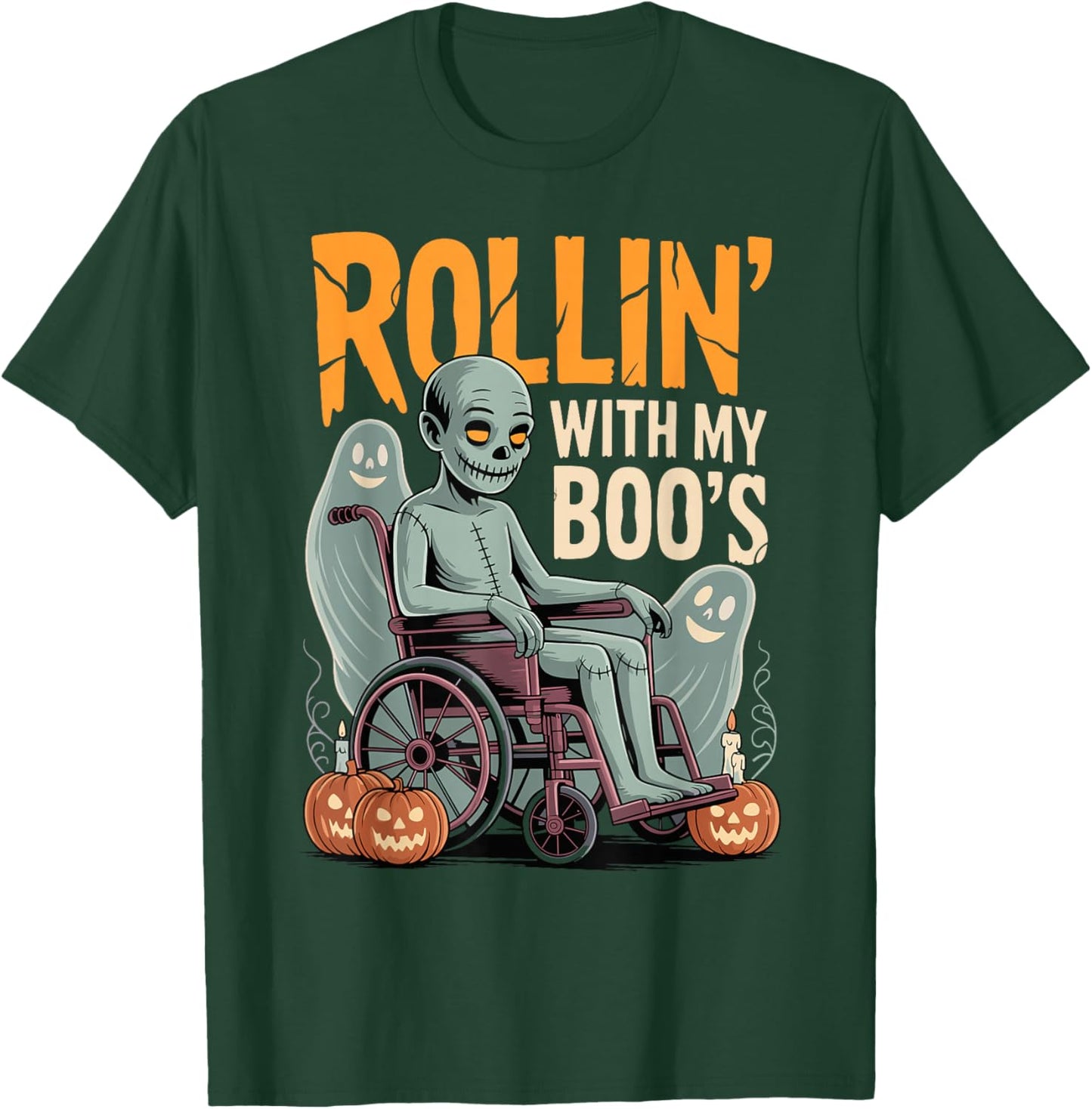 Halloween Wheelchair Costume Handicap Joke Rollin with Boo's T-Shirt - T-Shirt | Forest
