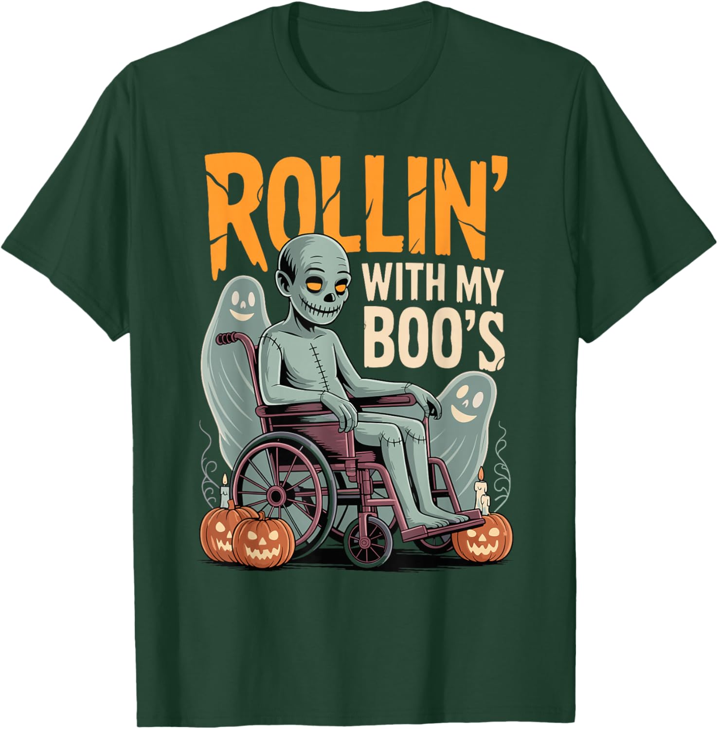 Halloween Wheelchair Costume Handicap Joke Rollin with Boo's T-Shirt - T-Shirt | Forest