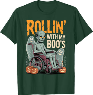 Halloween Wheelchair Costume Handicap Joke Rollin with Boo's T-Shirt - T-Shirt | Forest