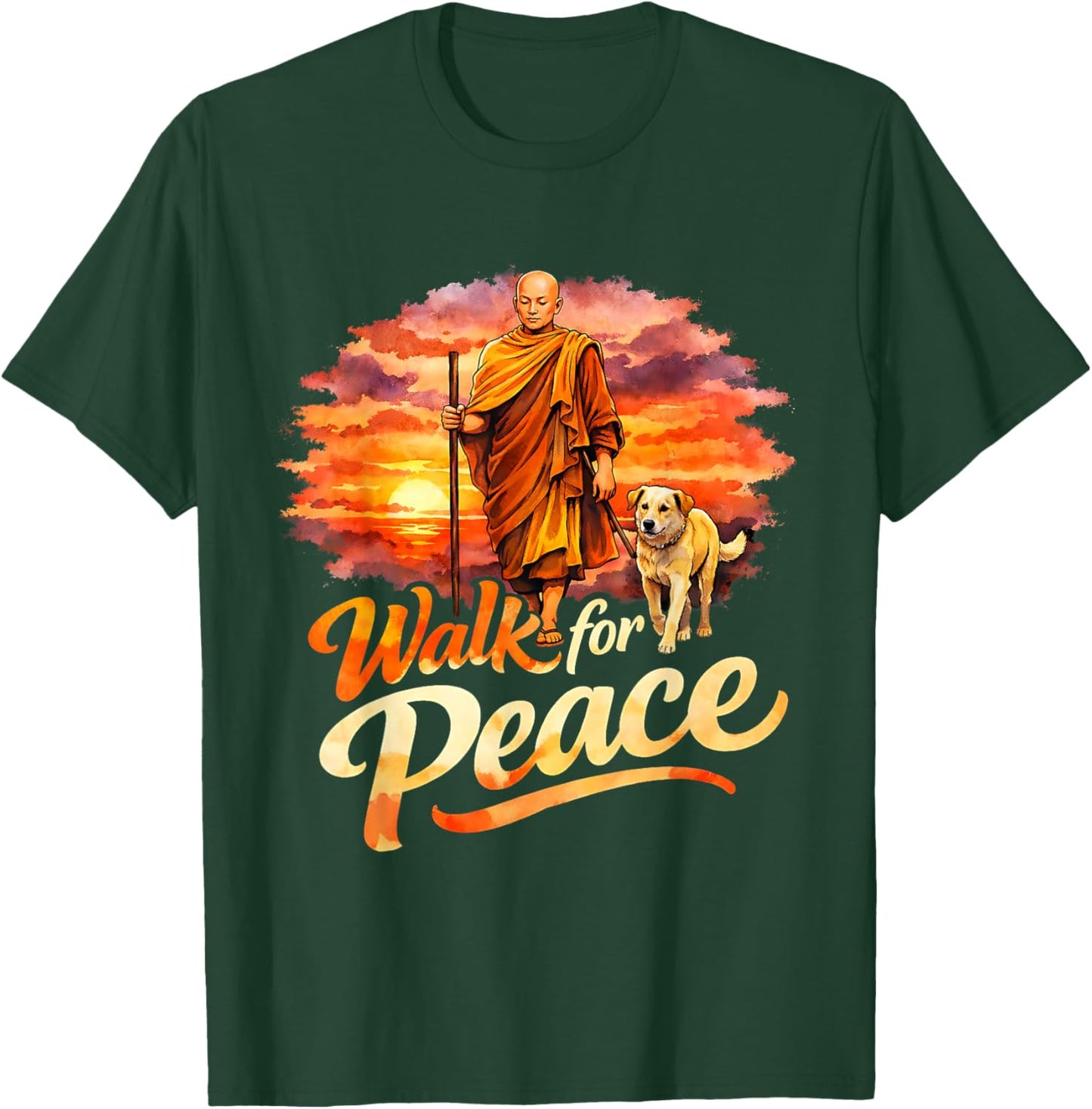 Walk for Peace Mindful Monk Spiritual Art T-Shirt - T-Shirt | Forest