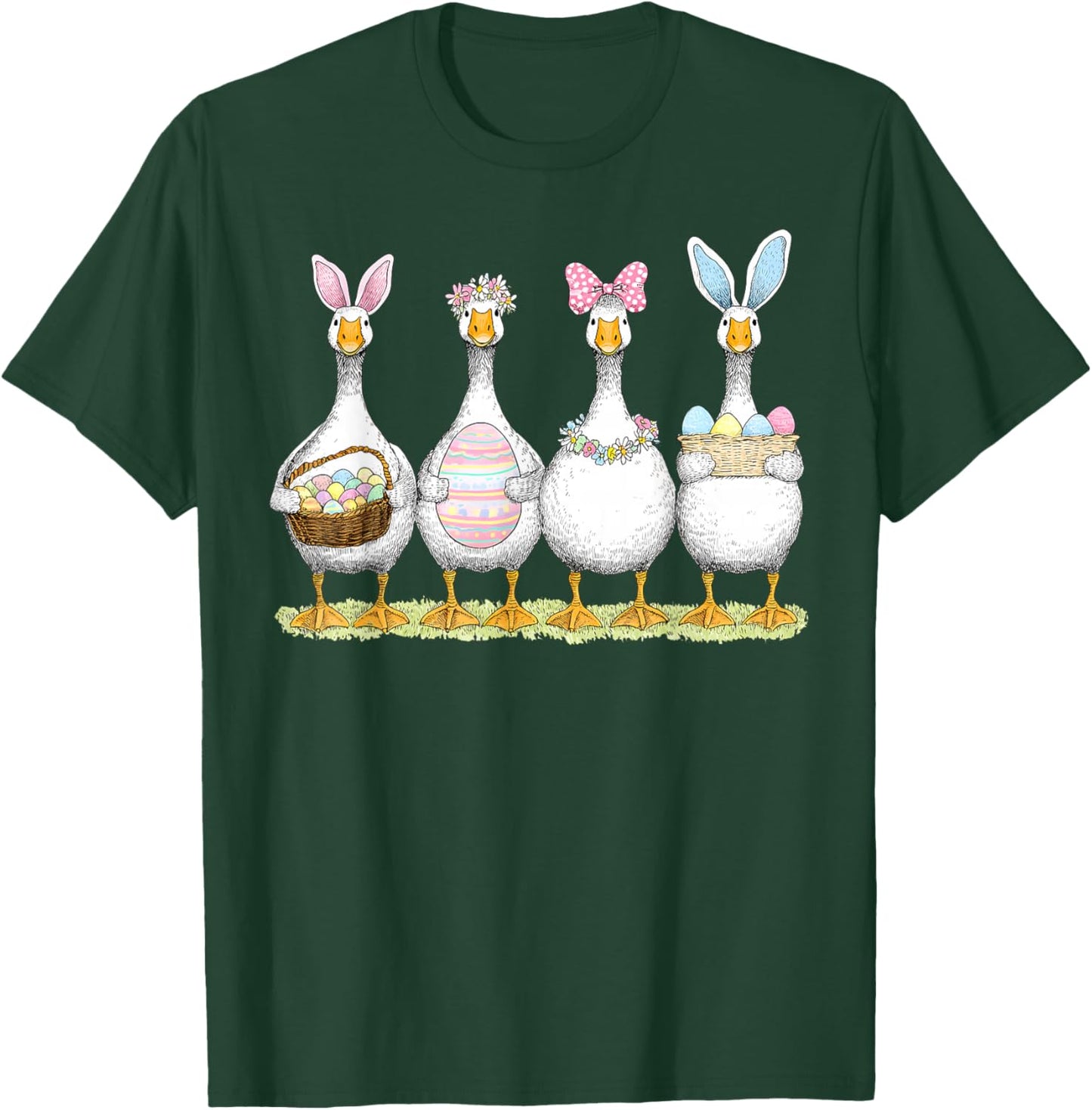 Happy Easter Cute Goose Bunny Ears Eggs Basket Girl Women T-Shirt - T-Shirt | Forest