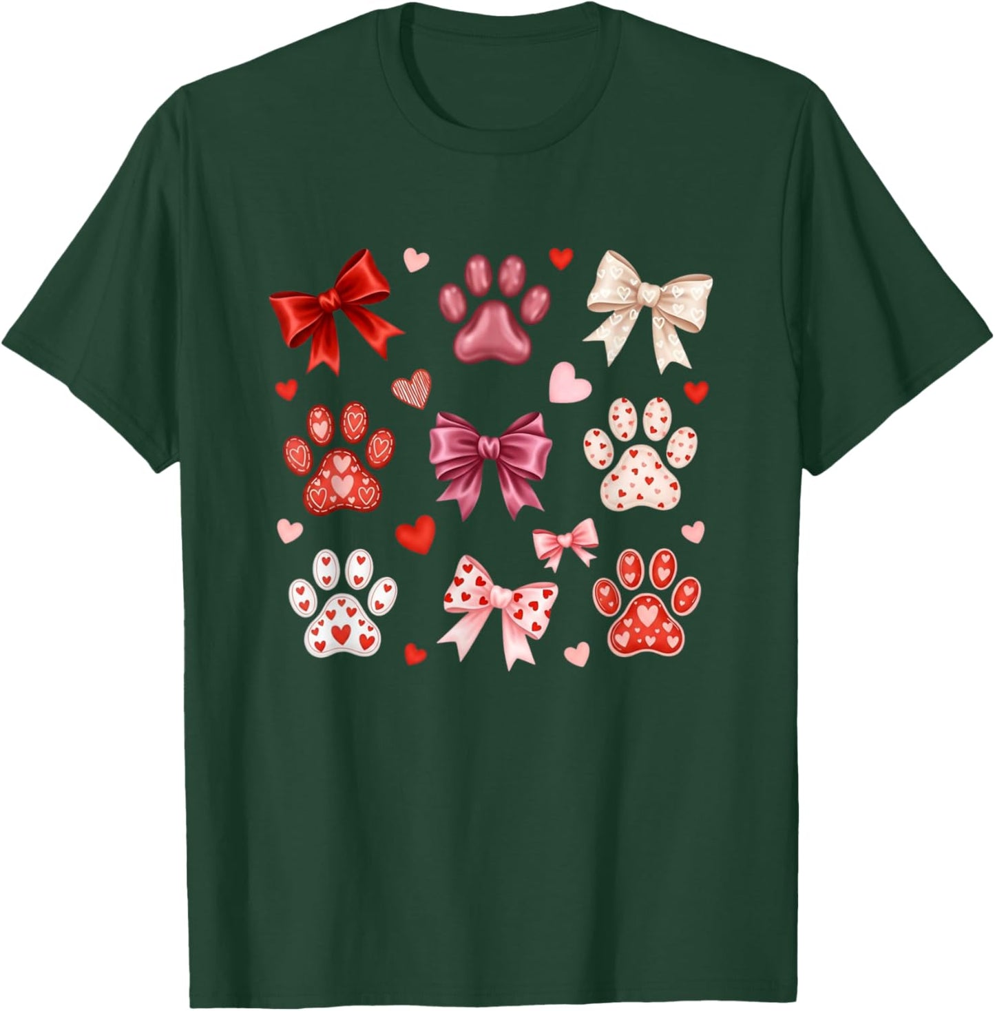 Cute Dog & Cat Paw Valentines Coquette Bow Women Girls T-Shirt - T-Shirt | Forest