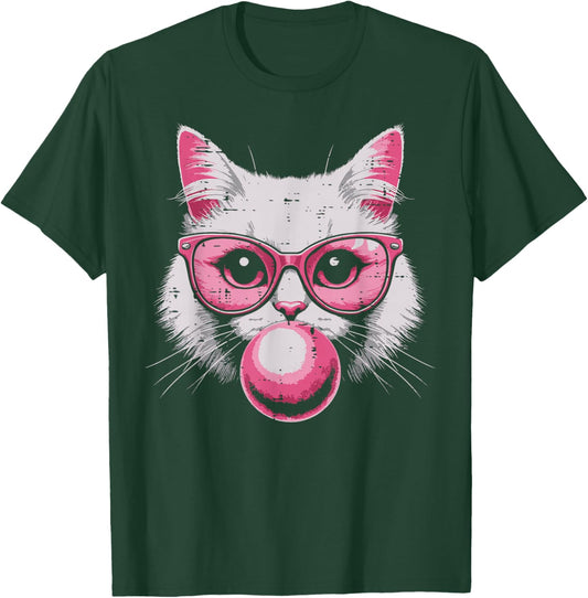 Cat Face Pink Glasses Bubble Gum Cute Kitty Women Girls Kids T-Shirt - T-Shirt | Forest