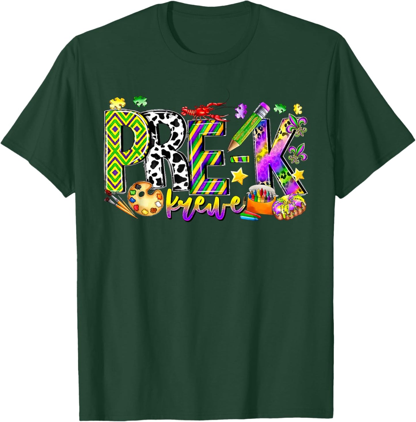 Retro Pre-k Krewe Mardi Gras Carnival Preschool Teacher Team T-Shirt - T-Shirt | Forest