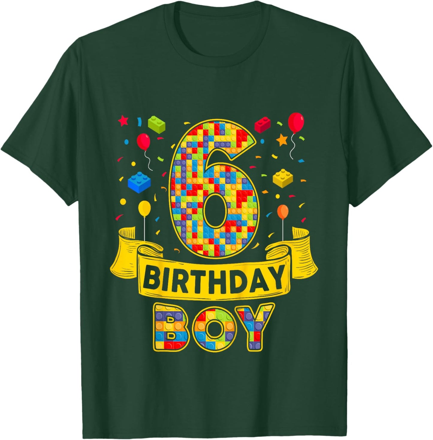 6th Birthday Boy Bricks Six Bday 6 Year Old Birthday Boy T-Shirt - T-Shirt | Forest