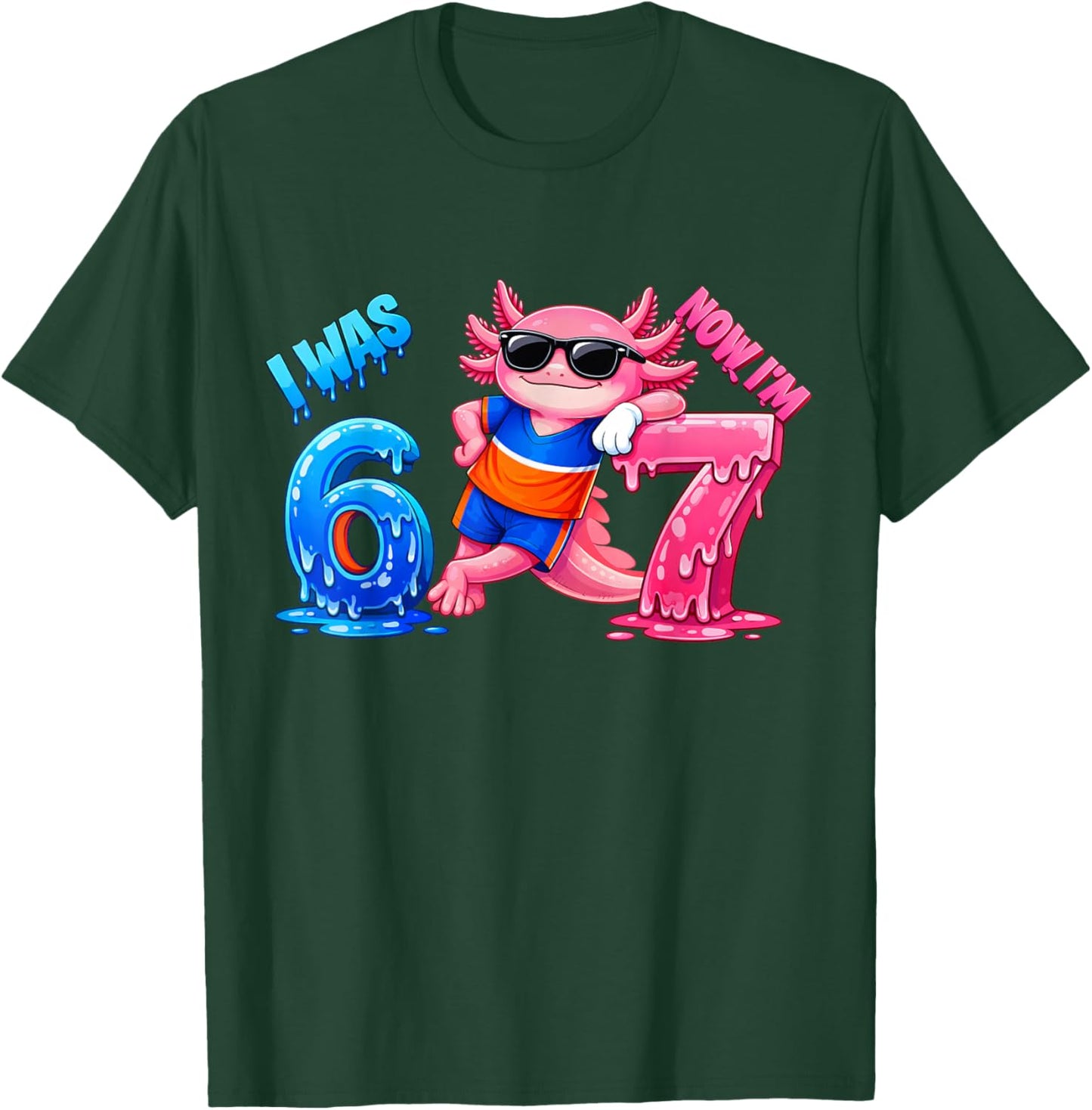7th Birthday Axolotl drip Kids Boys Girls I was 6 Now Im 7 T-Shirt - T-Shirt | Forest