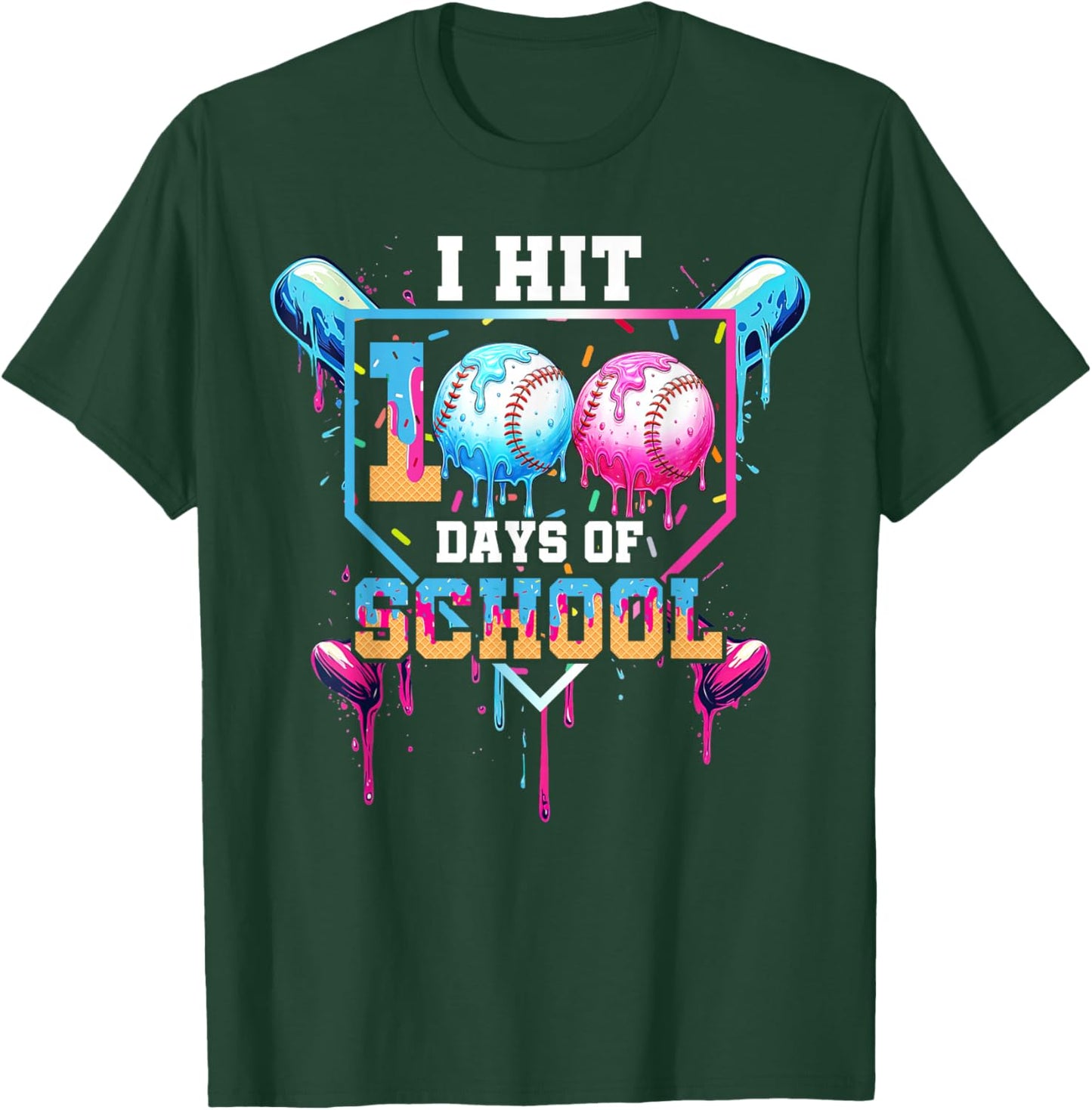 Baseball Ice Cream Drip I Hit 100 Days of School Boys Kids T-Shirt - T-Shirt | Forest