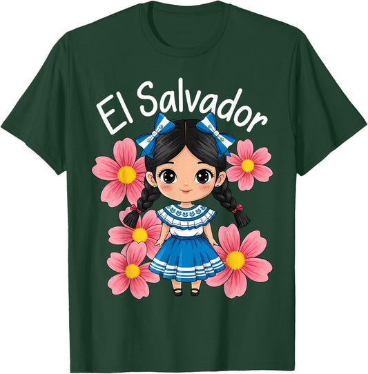 Salvadoran Flag Hispanic Heritage Cute El Salvador Girl Kids T-Shirt - T-Shirt | Forest
