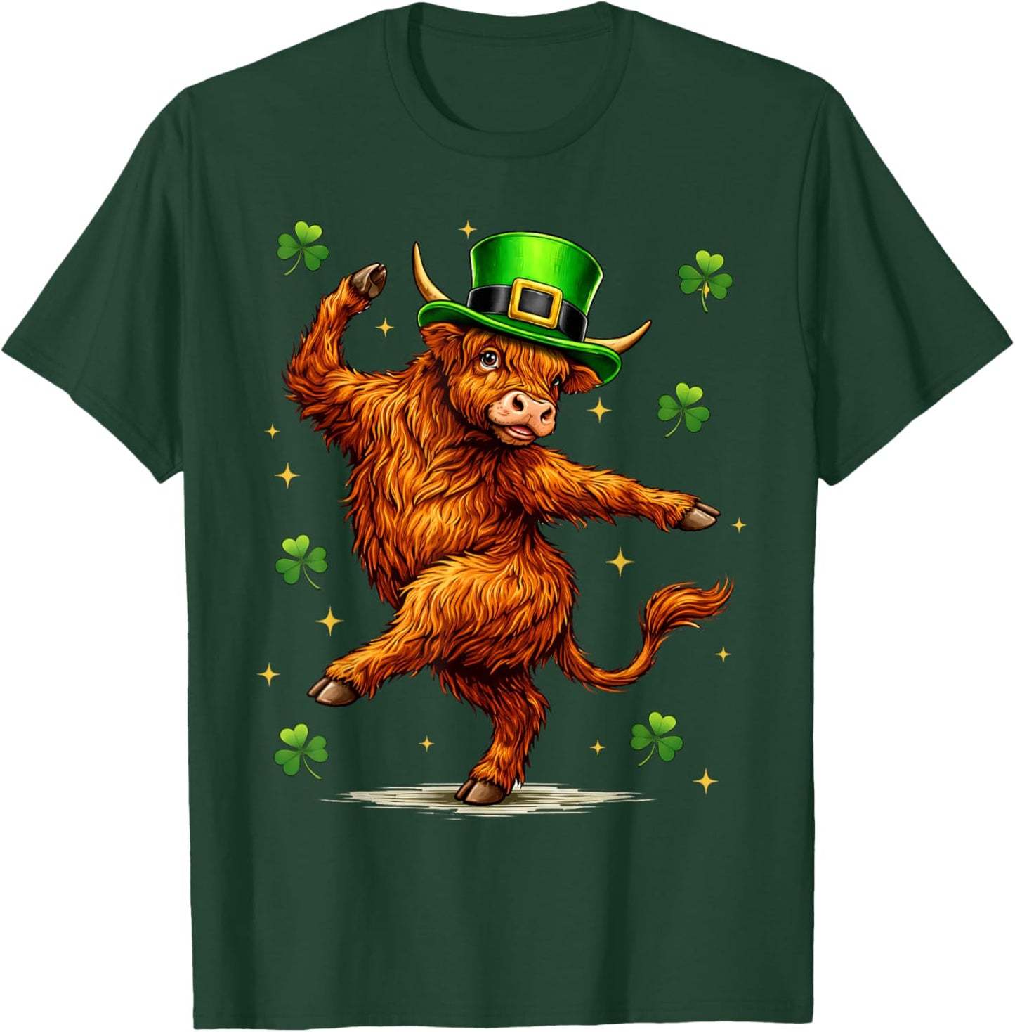 Highland Cow Dabbing St Patrick's Day Funny Shamrock Irish T-Shirt - T-Shirt | Forest