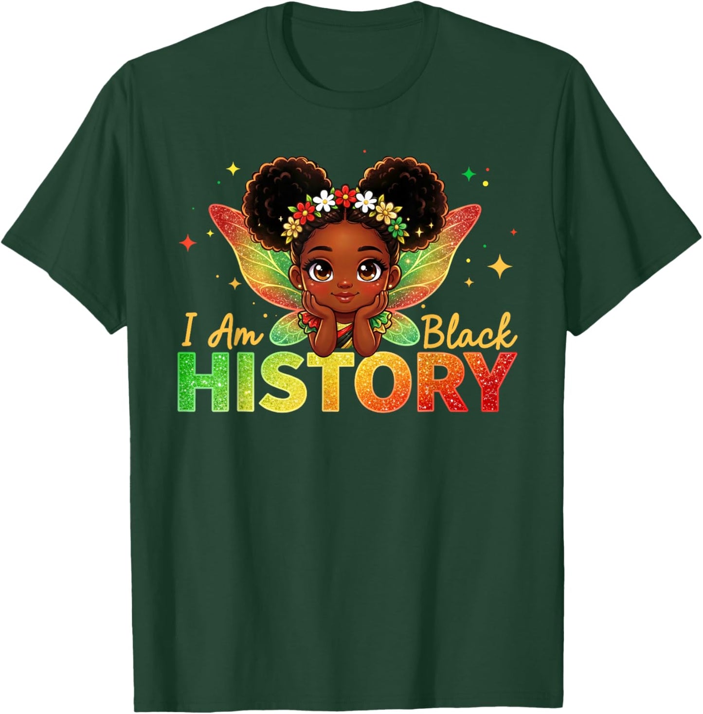 I Am Black History Month Cute Messy Bun Black Girl Fairy Kid T-Shirt - T-Shirt | Forest
