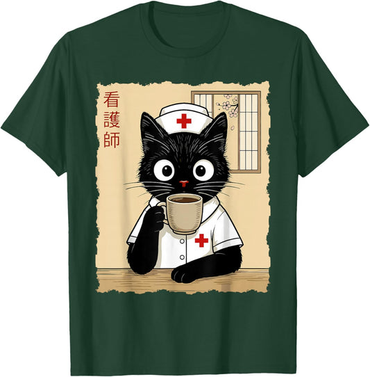 Nurse Japanese Cat T-Shirt - T-Shirt | Forest