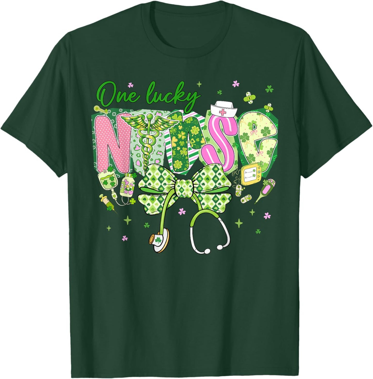 One Lucky Nurse St.Patrick's Day Coquette Bow Shamrock Women T-Shirt - T-Shirt | Forest