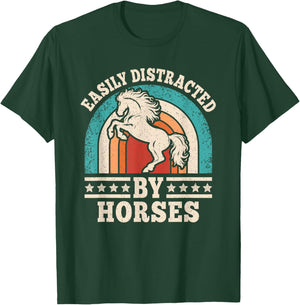 Easily Distracted by Horses Retro Horseback Riding Men Women T-Shirt - T-Shirt | Forest