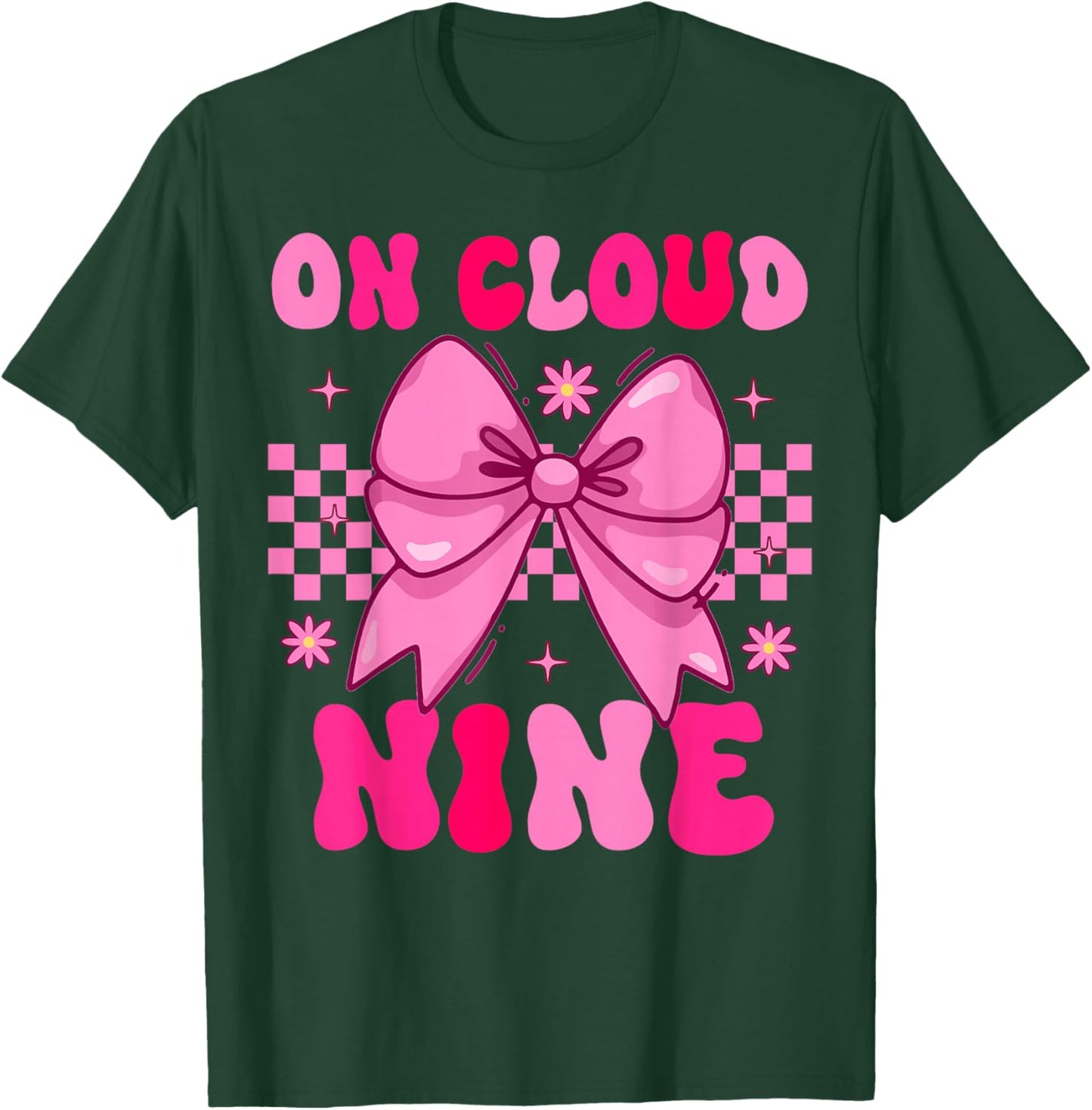 Groovy On Cloud Nine Bday 9th Birthday Girl Coquette Bow T-Shirt - T-Shirt | Forest