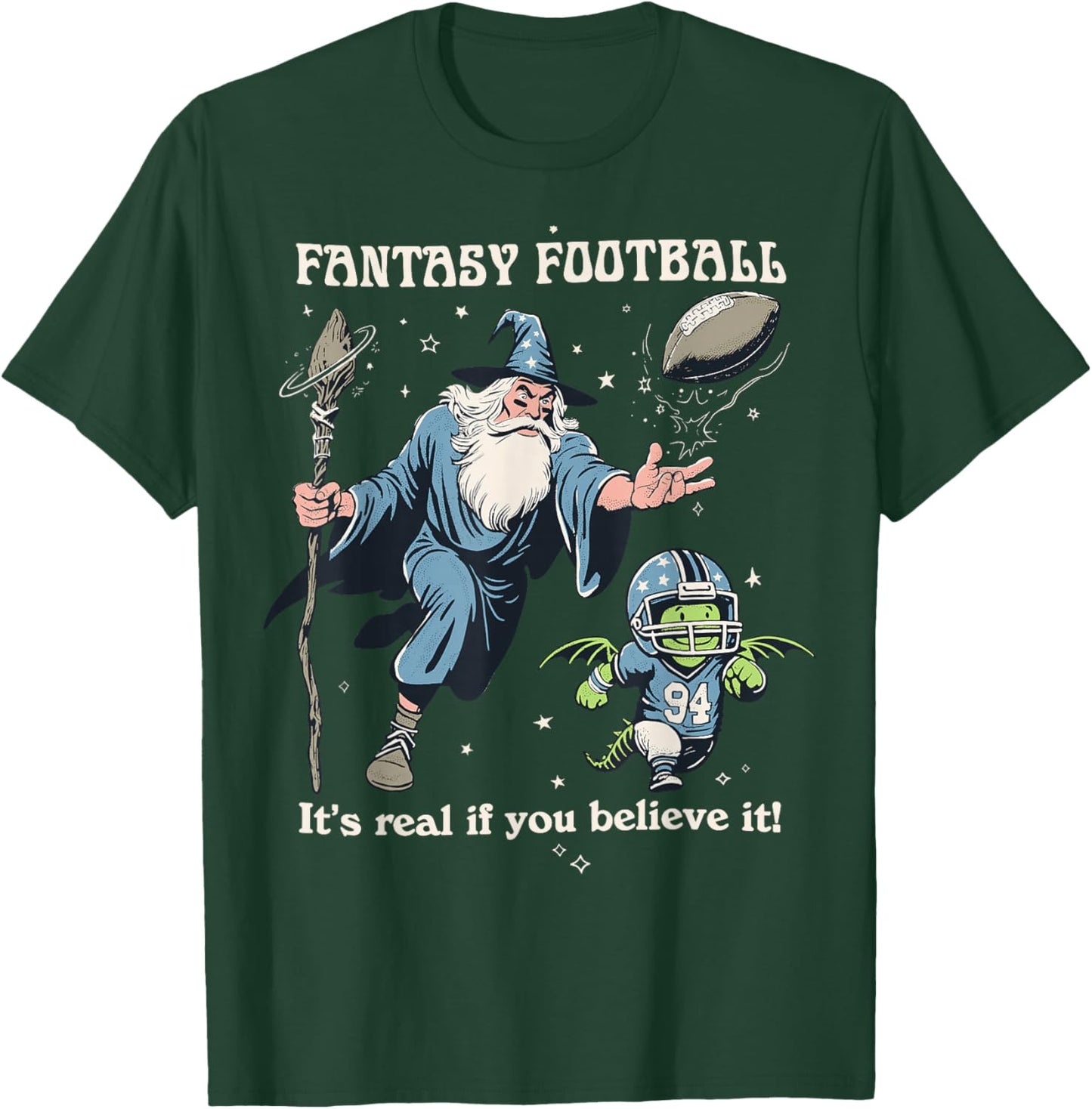 Funny Wizard Dragon Fantasy Football Player Literal Dad Joke T-Shirt - T-Shirt | Forest