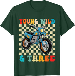 3rd Birthday Motocross Dirt Bike Young Wild and Three T-Shirt - T-Shirt | Forest