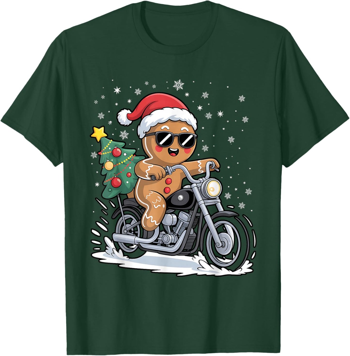 Gingerbread Motorcycle Christmas Tree Fun Biker Holiday T-Shirt - T-Shirt | Forest