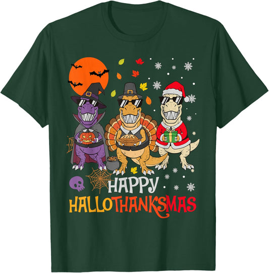 Happy Hallothanksmas Funny Dinosaur Lover Men Women Kids T-Shirt - T-Shirt | Forest