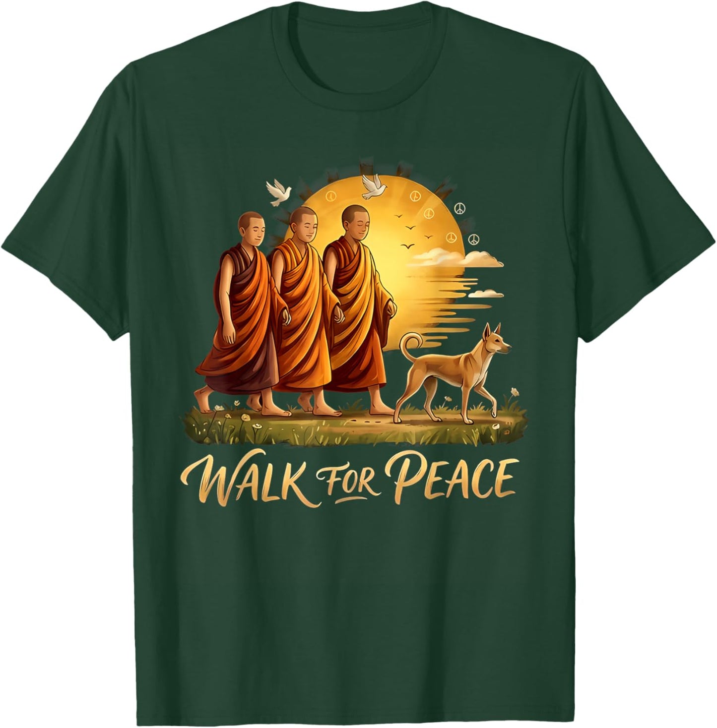 Walk for Peace Monks with Aloka Dog Sunset Peace Sign Art T-Shirt - T-Shirt | Forest