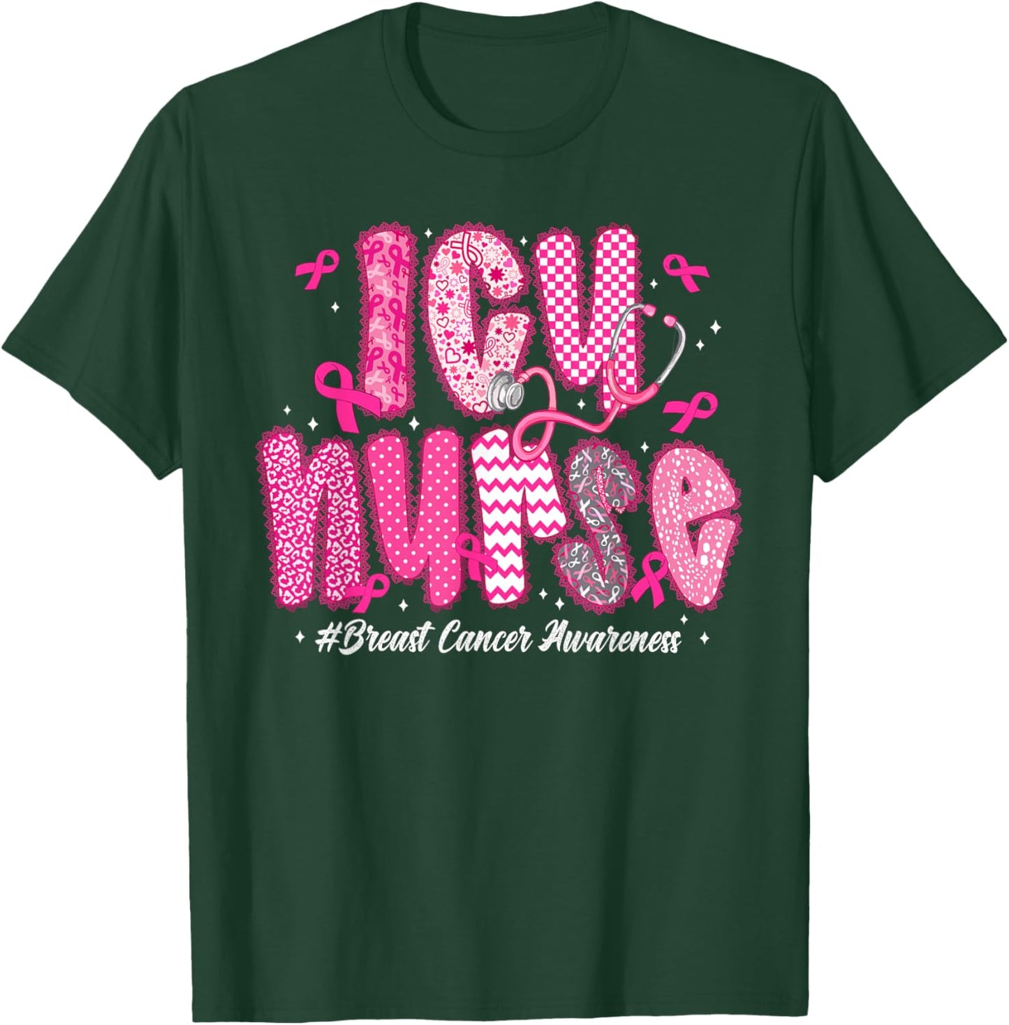 in October We Wear Pink ICU Nurse Breast Cancer Awareness T-Shirt - T-Shirt | Forest