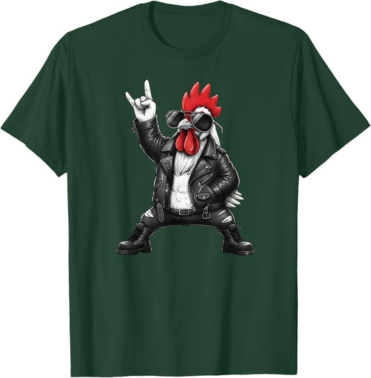 Cool Rock and Roll Rooster in Leather Jacket Art T-Shirt - T-Shirt | Forest