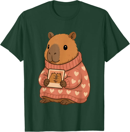 Capybara in Heart Sweater with Photo Illustration T-Shirt - T-Shirt | Forest