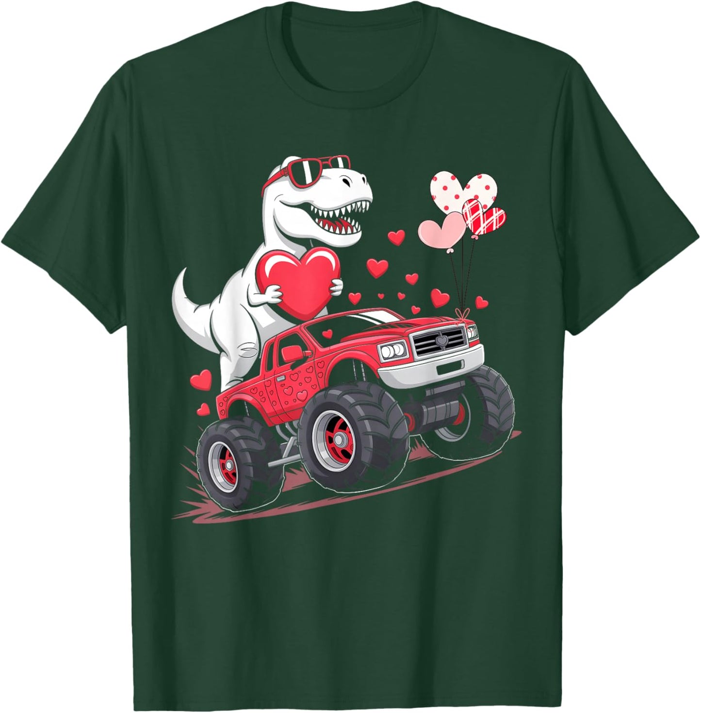 T Rex Riding Monster Truck Funny Valentine Toddler Boys Kids T-Shirt - T-Shirt | Forest