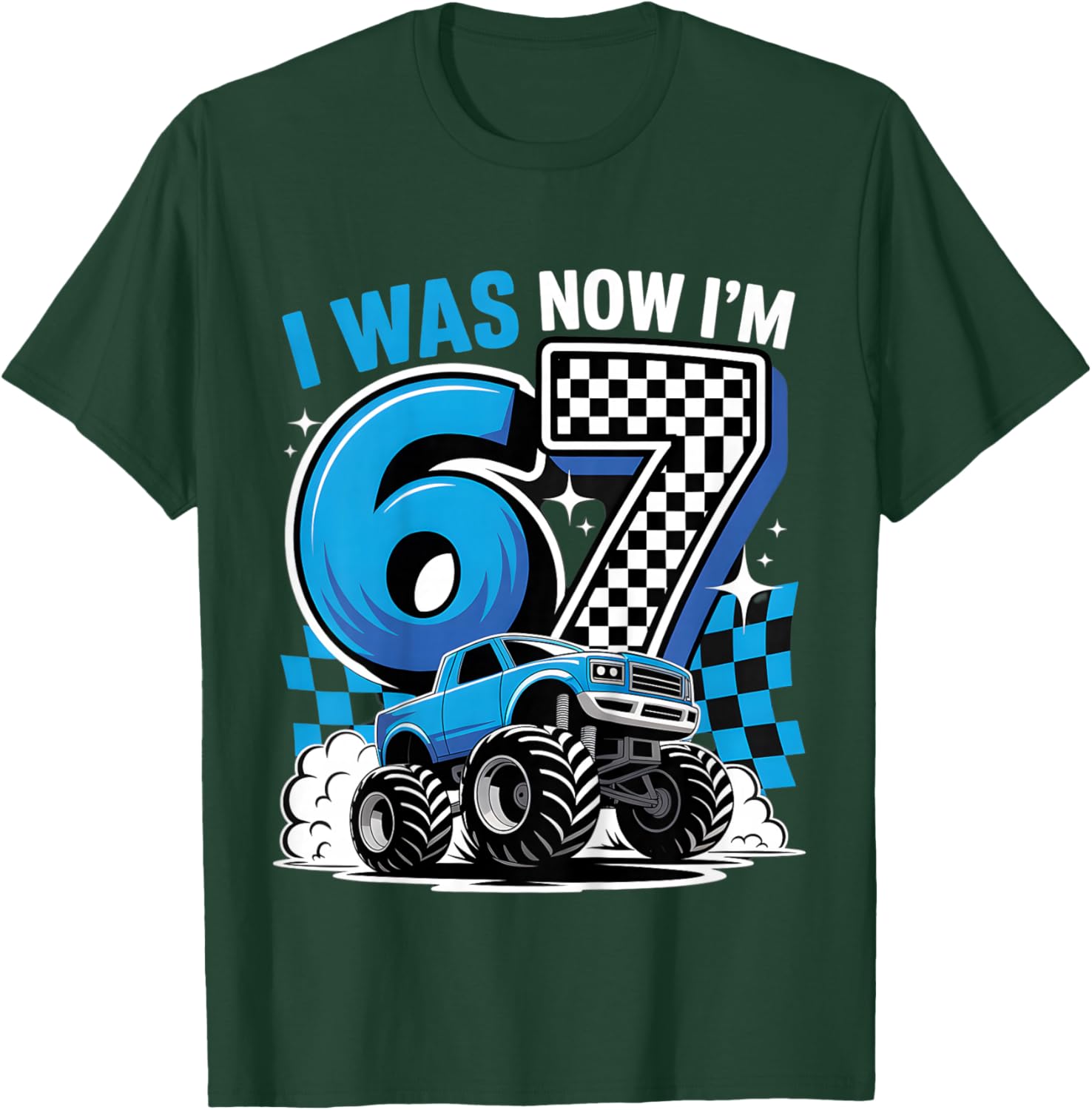 Blue Checkered Monster Truck I was 6 Now I'm 7 Birthday Boy T-Shirt - T-Shirt | Forest