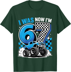 Blue Checkered Monster Truck I was 6 Now I'm 7 Birthday Boy T-Shirt - T-Shirt | Forest