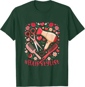 Hair Stylist Job Tools Valentine Hearts Floral Flowers Lover T-Shirt - T-Shirt | Forest