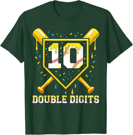 Baseball Drip 10th Birthday Boy Double Digits Ice Cream Drip T-Shirt - T-Shirt | Forest