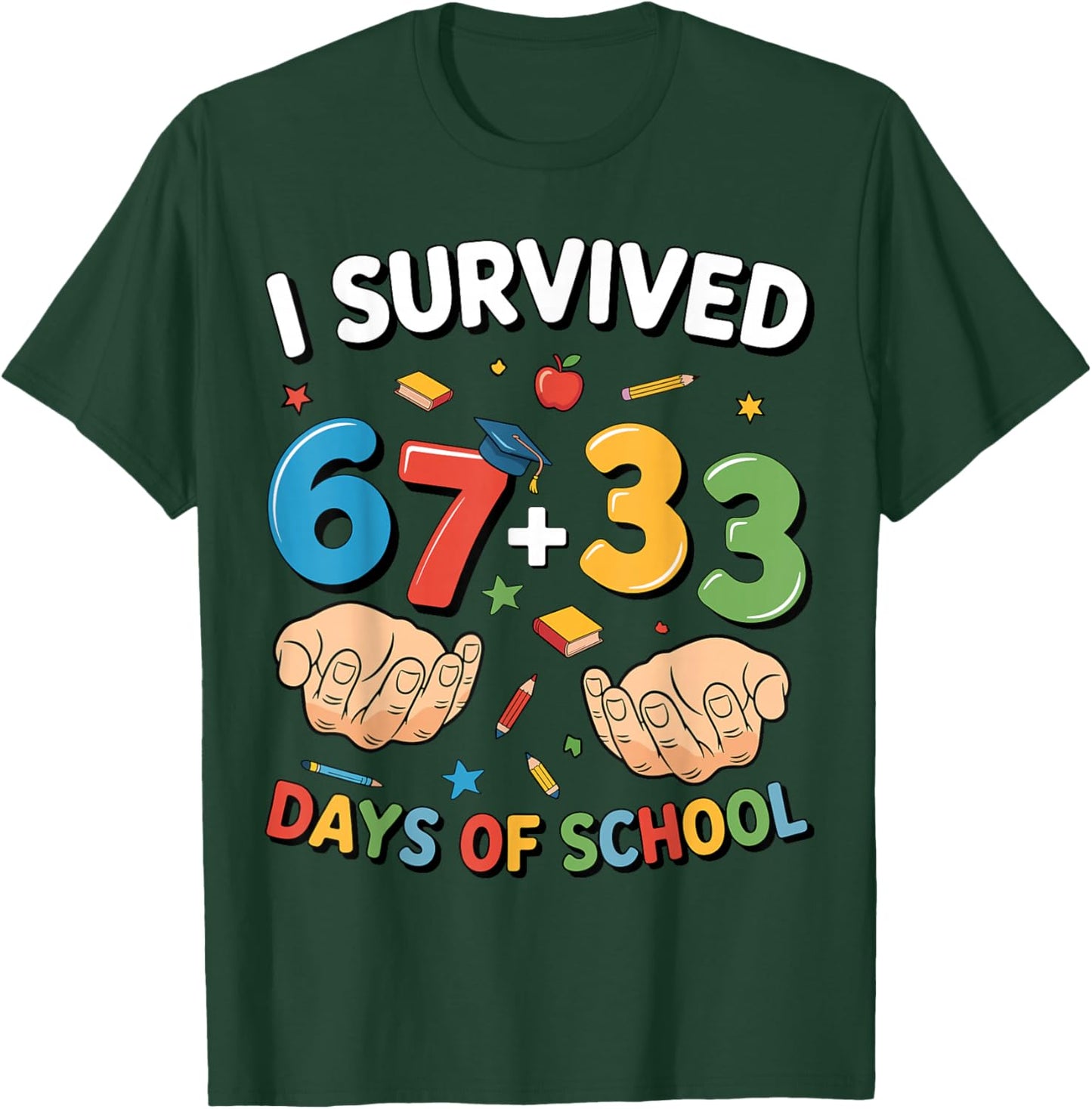 I Survived 100 Days of School 67 + 33 Meme Teacher Student T-Shirt - T-Shirt | Forest